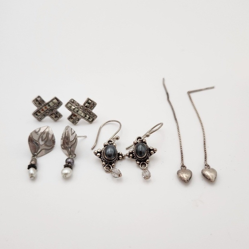 Unbranded Earring Lot Women OS Silver 925 Marcasite Pearl Heart Boho 4 Pairs